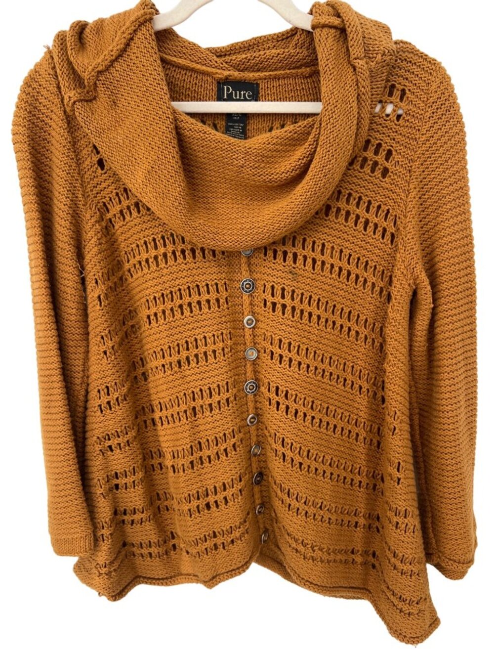 Pure Sweater XS Hand Knit Cowl Neck Pullover Small Golden Yellow Cozy Chic